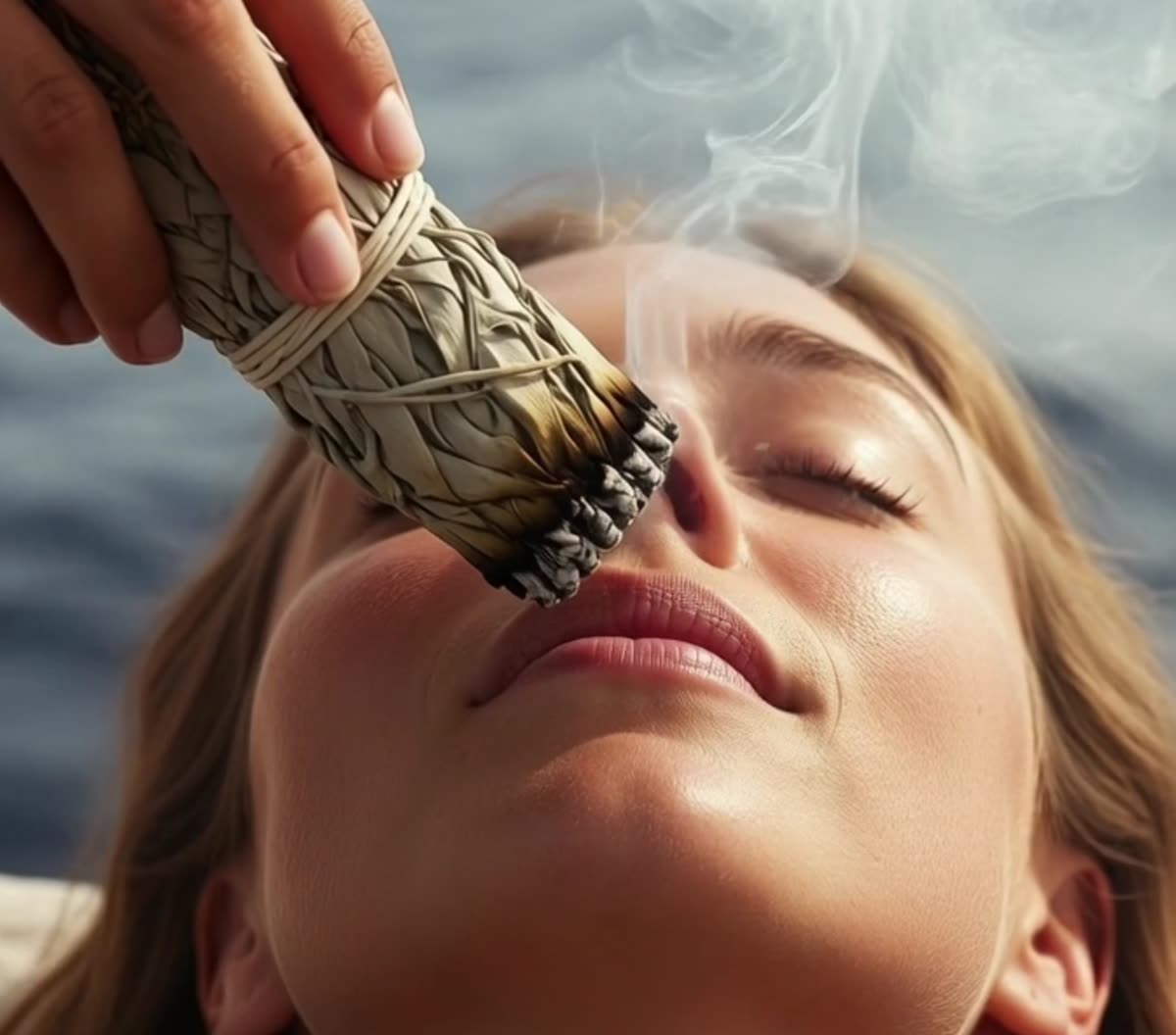 Shamanic smoke cleansing ritual over a resting guest