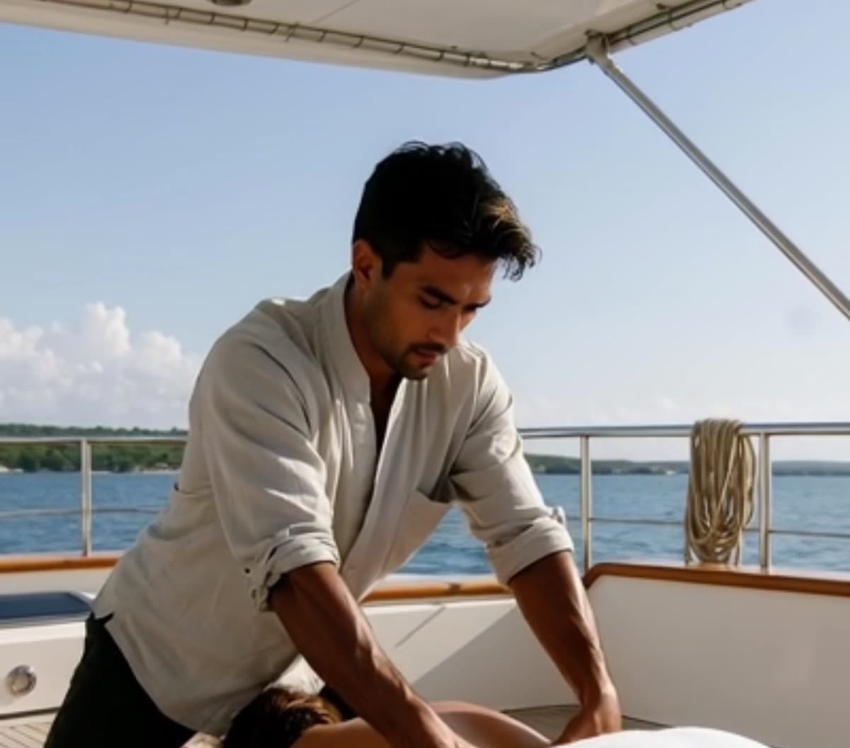 Therapist giving a holistic massage on a yacht deck